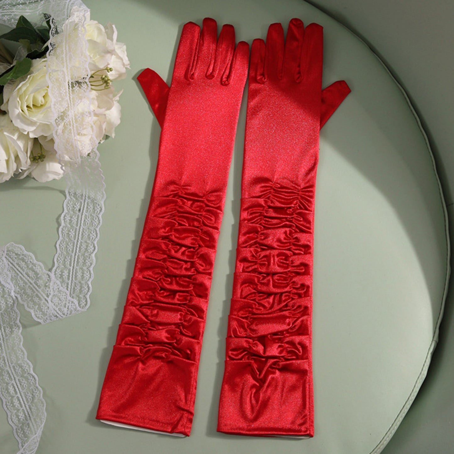 Satin Solid Color Folds Elbow Gloves - Quaworth
