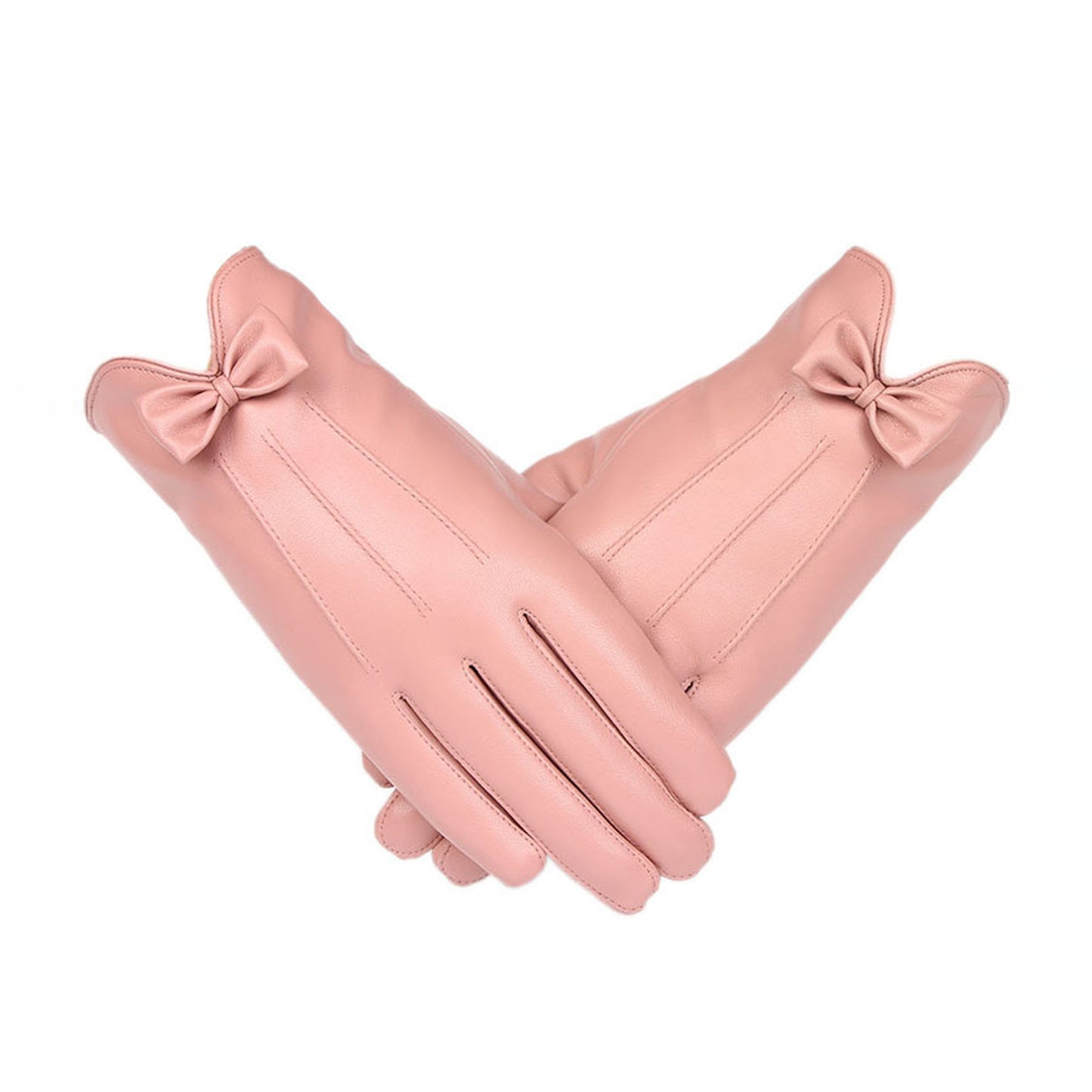 Solid Color Bowknot Seam Detail Thermal Vegan Leather Touch Screen Wrist Gloves - Quaworth