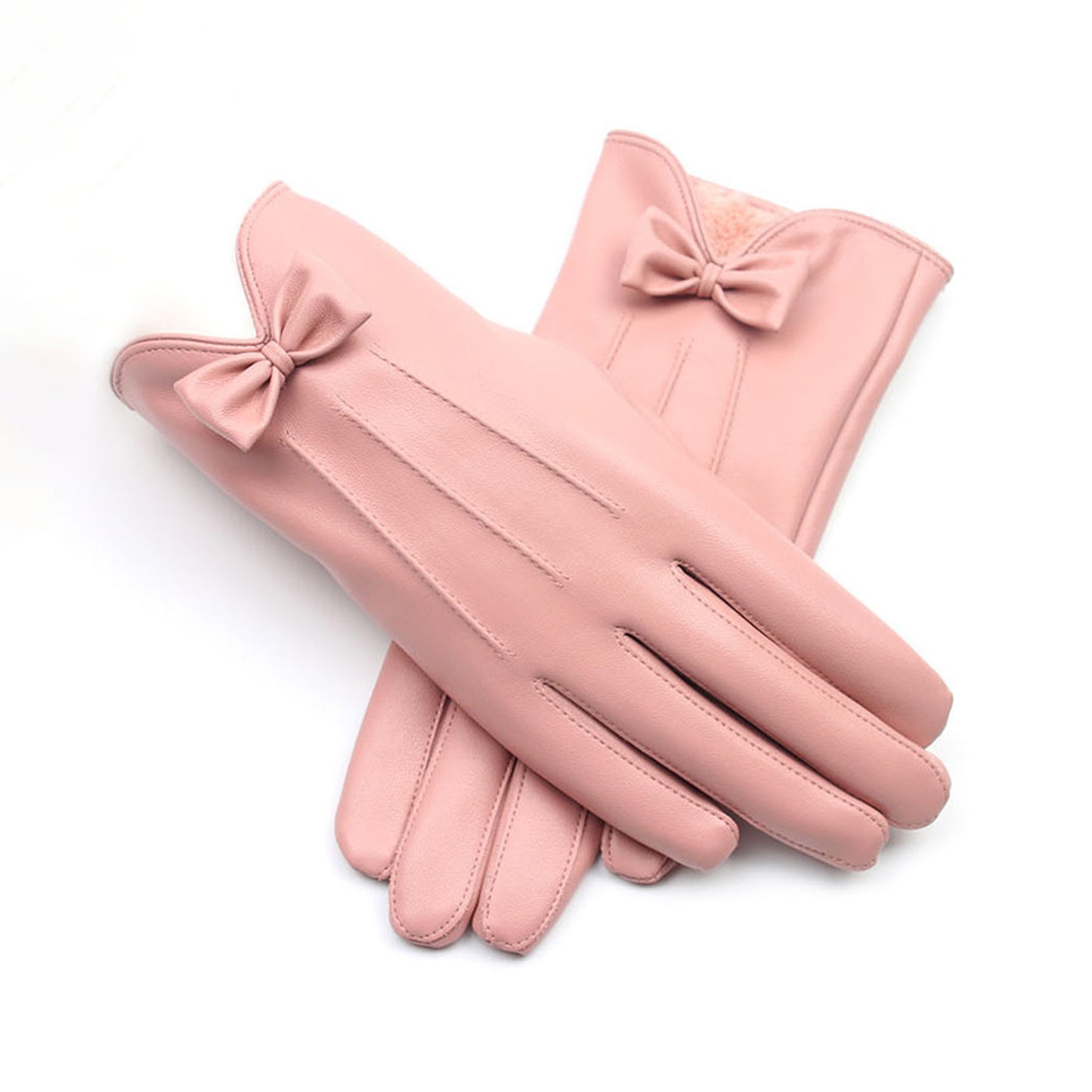 Solid Color Bowknot Seam Detail Thermal Vegan Leather Touch Screen Wrist Gloves - Quaworth
