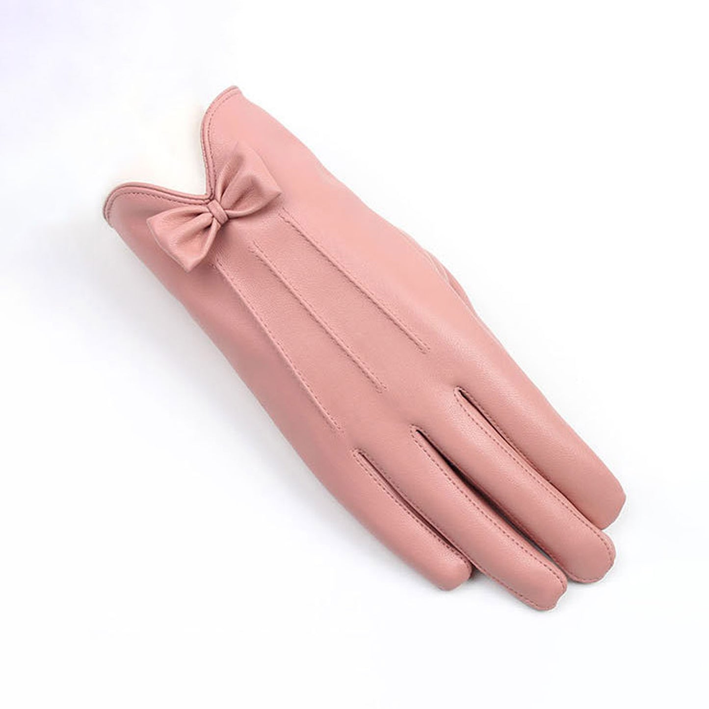 Solid Color Bowknot Seam Detail Thermal Vegan Leather Touch Screen Wrist Gloves - Quaworth
