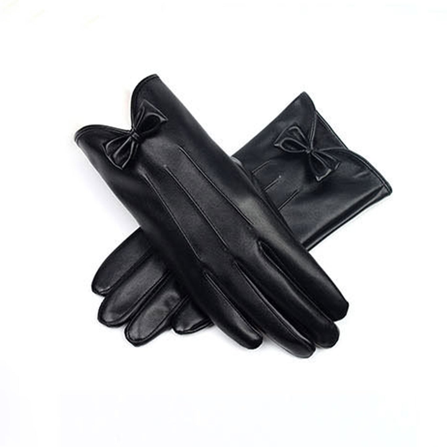 Solid Color Bowknot Seam Detail Thermal Vegan Leather Touch Screen Wrist Gloves - Quaworth