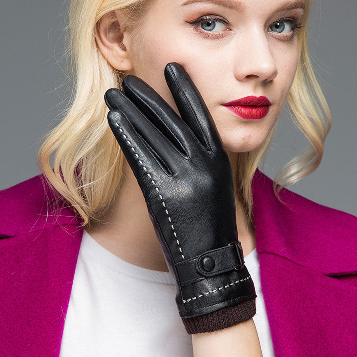 White Seam Detail Button Thermal Vegan Leather Touch Screen Wrist Gloves - Quaworth