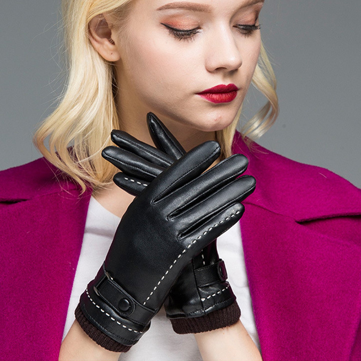 White Seam Detail Button Thermal Vegan Leather Touch Screen Wrist Gloves - Quaworth