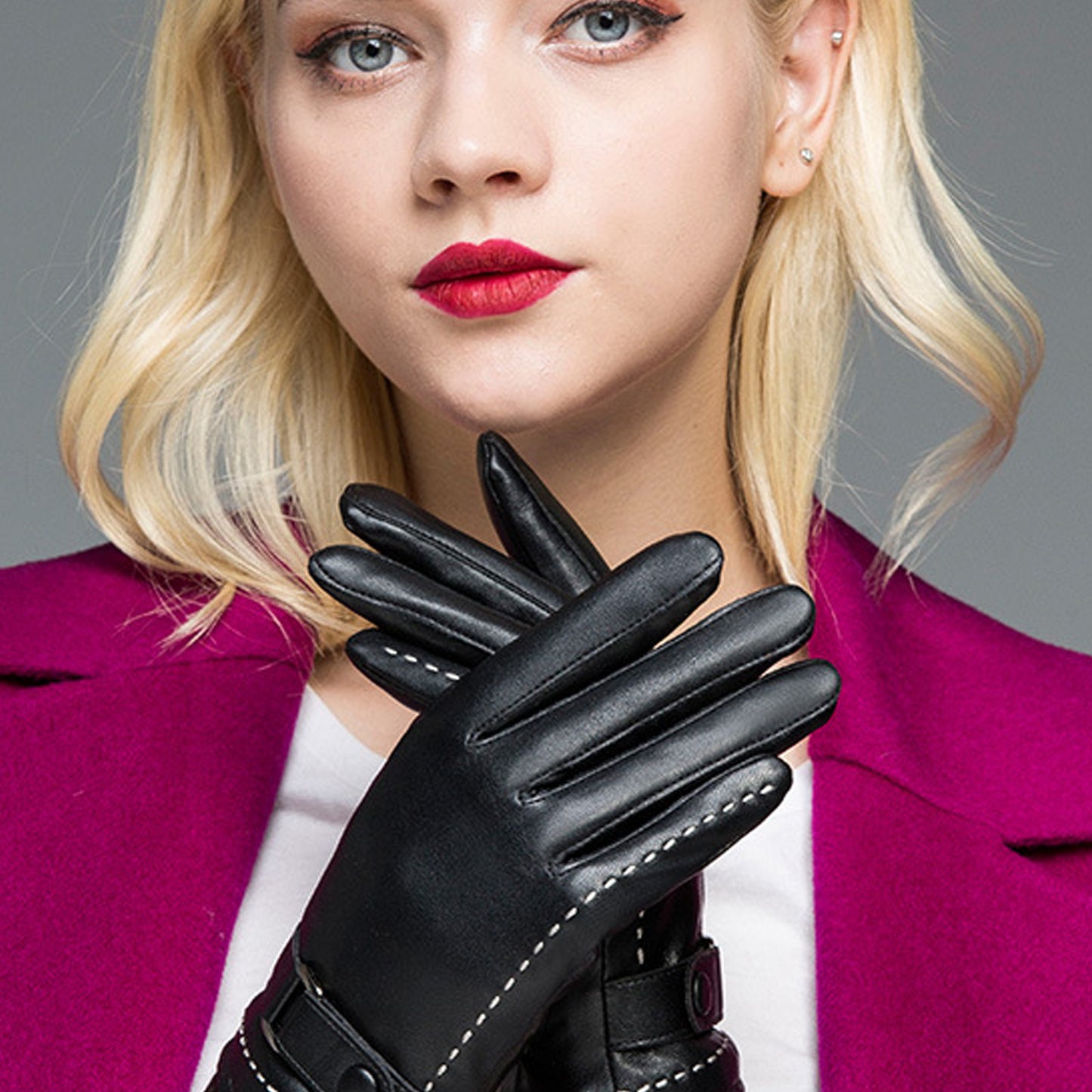 White Seam Detail Button Thermal Vegan Leather Touch Screen Wrist Gloves - Quaworth