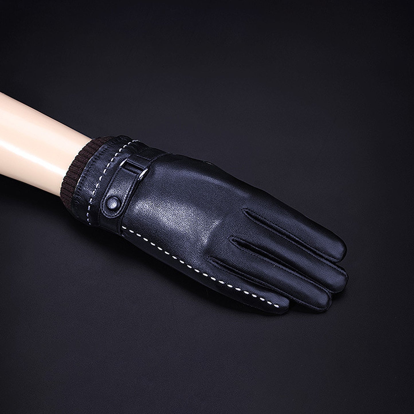 White Seam Detail Button Thermal Vegan Leather Touch Screen Wrist Gloves - Quaworth