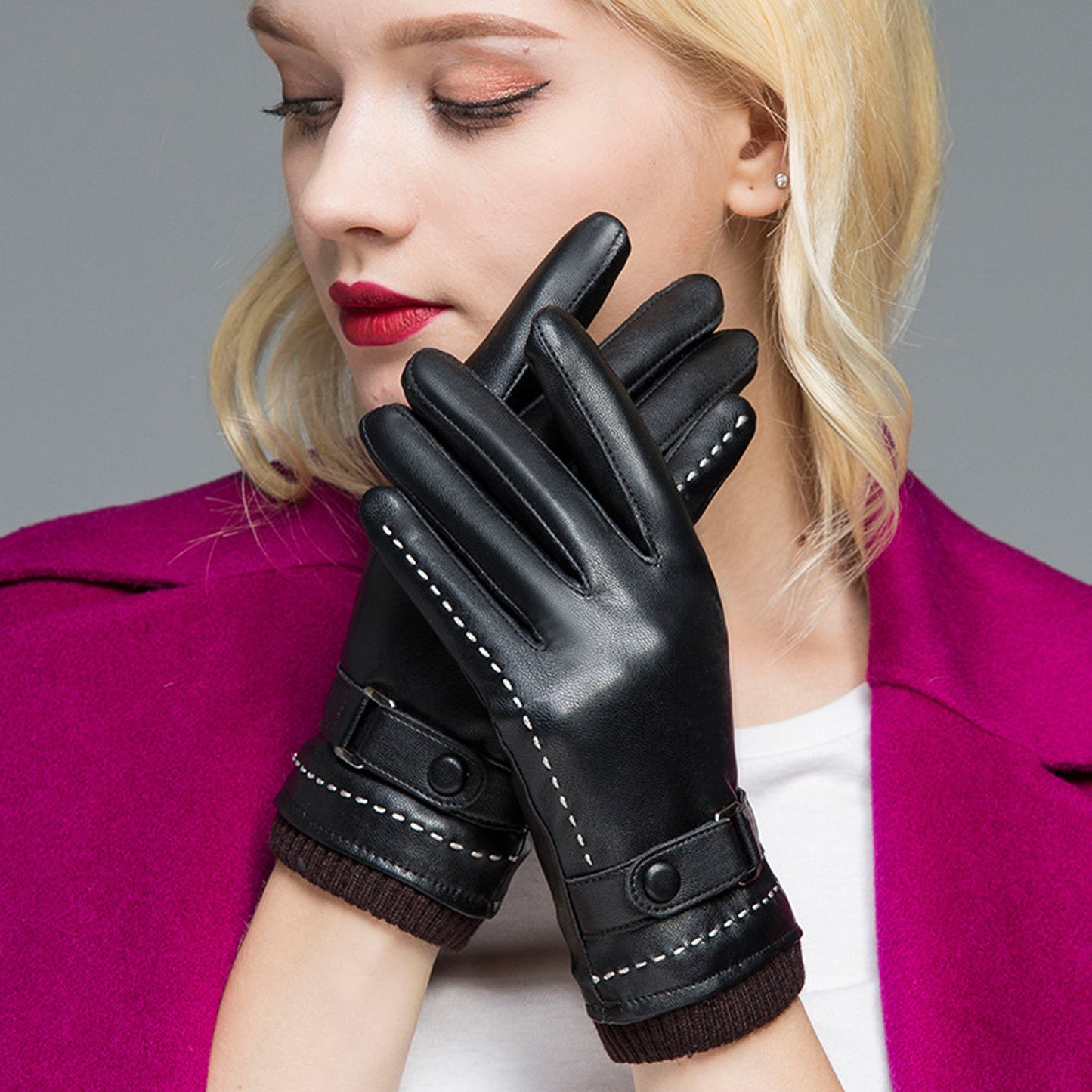 White Seam Detail Button Thermal Vegan Leather Touch Screen Wrist Gloves - Quaworth