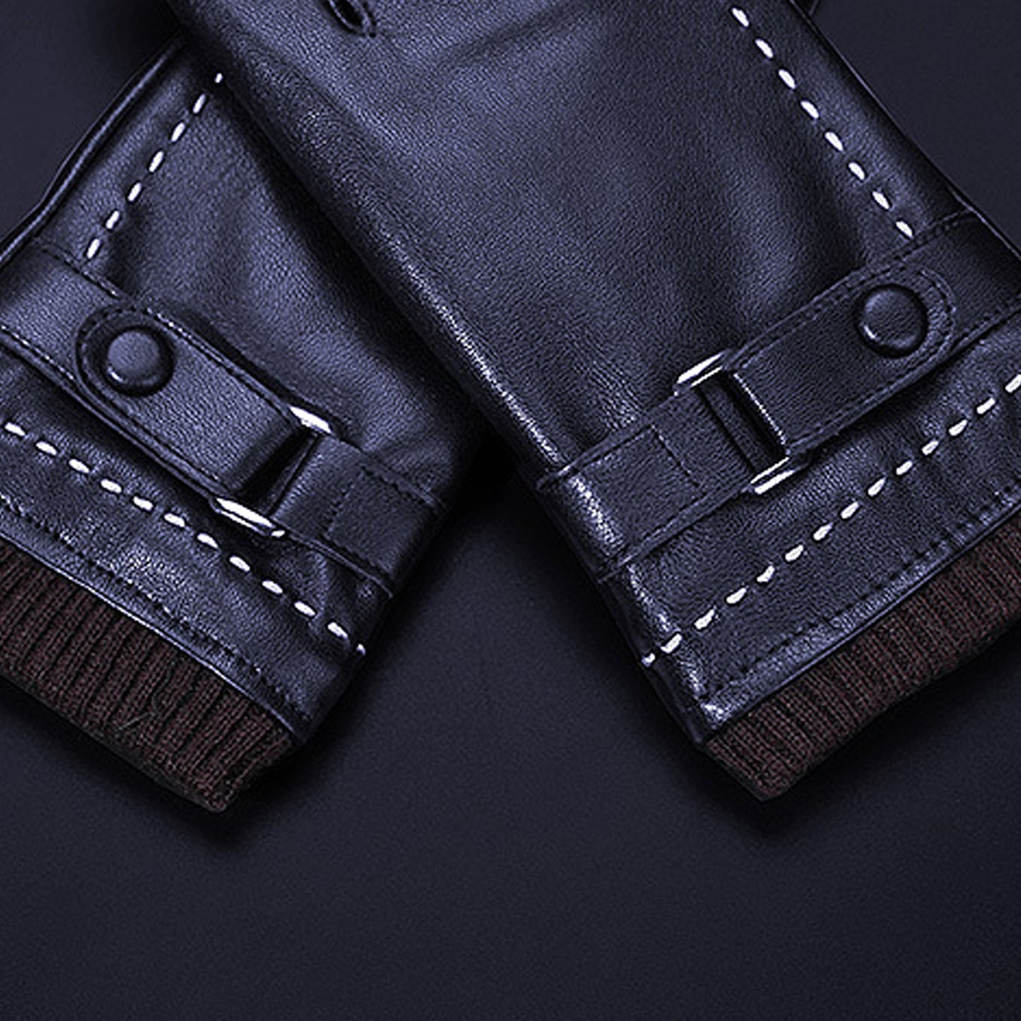 White Seam Detail Button Thermal Vegan Leather Touch Screen Wrist Gloves - Quaworth