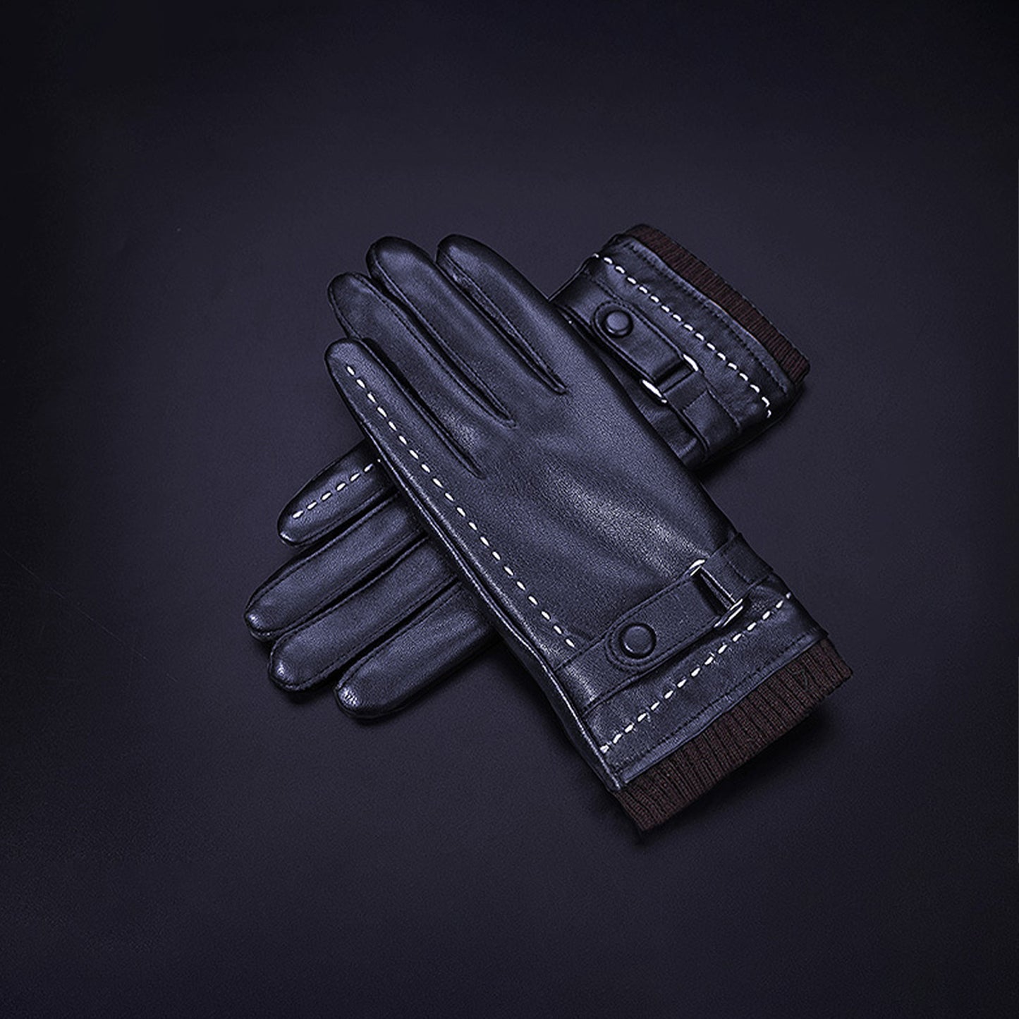 White Seam Detail Button Thermal Vegan Leather Touch Screen Wrist Gloves - Quaworth