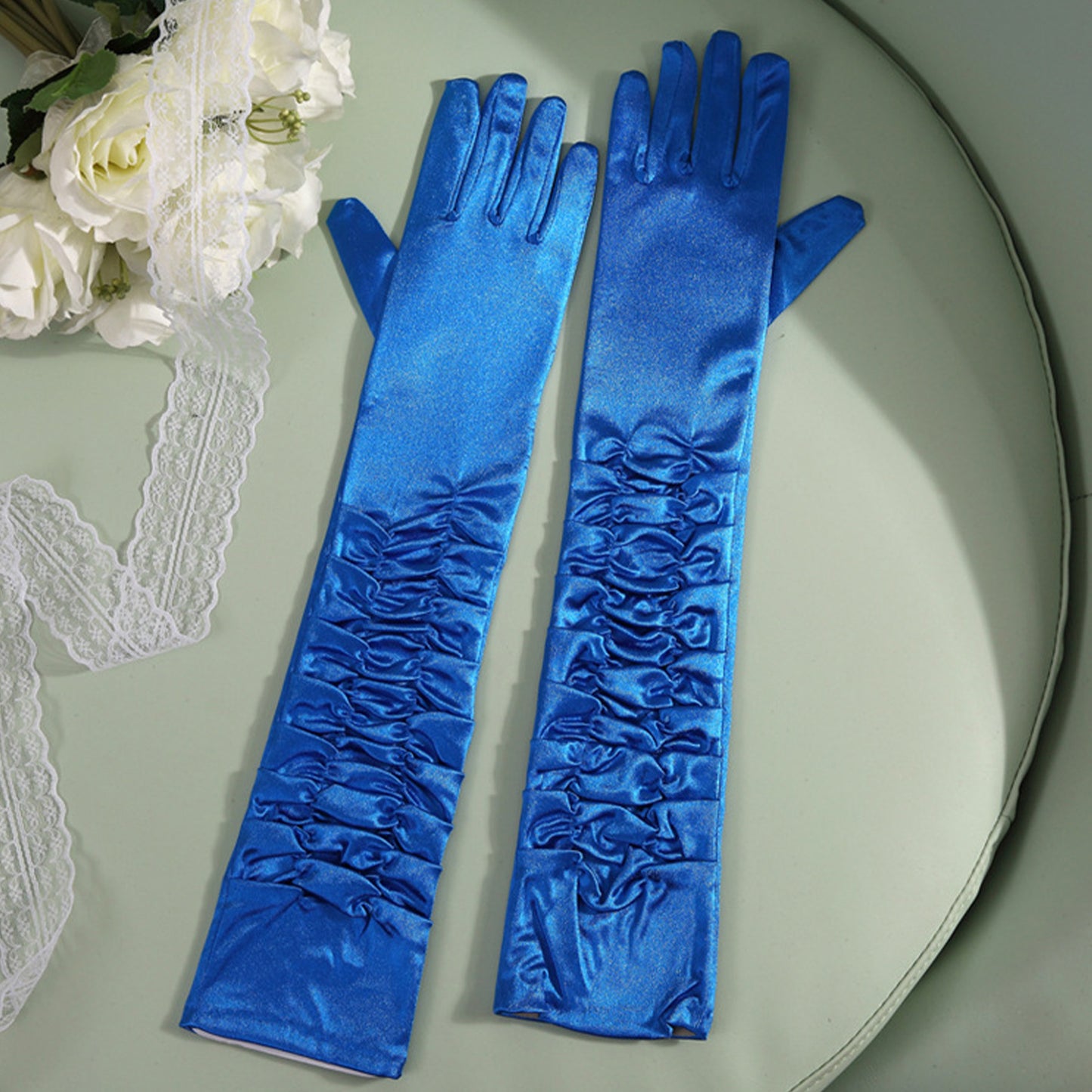 Satin Solid Color Folds Elbow Gloves - Quaworth