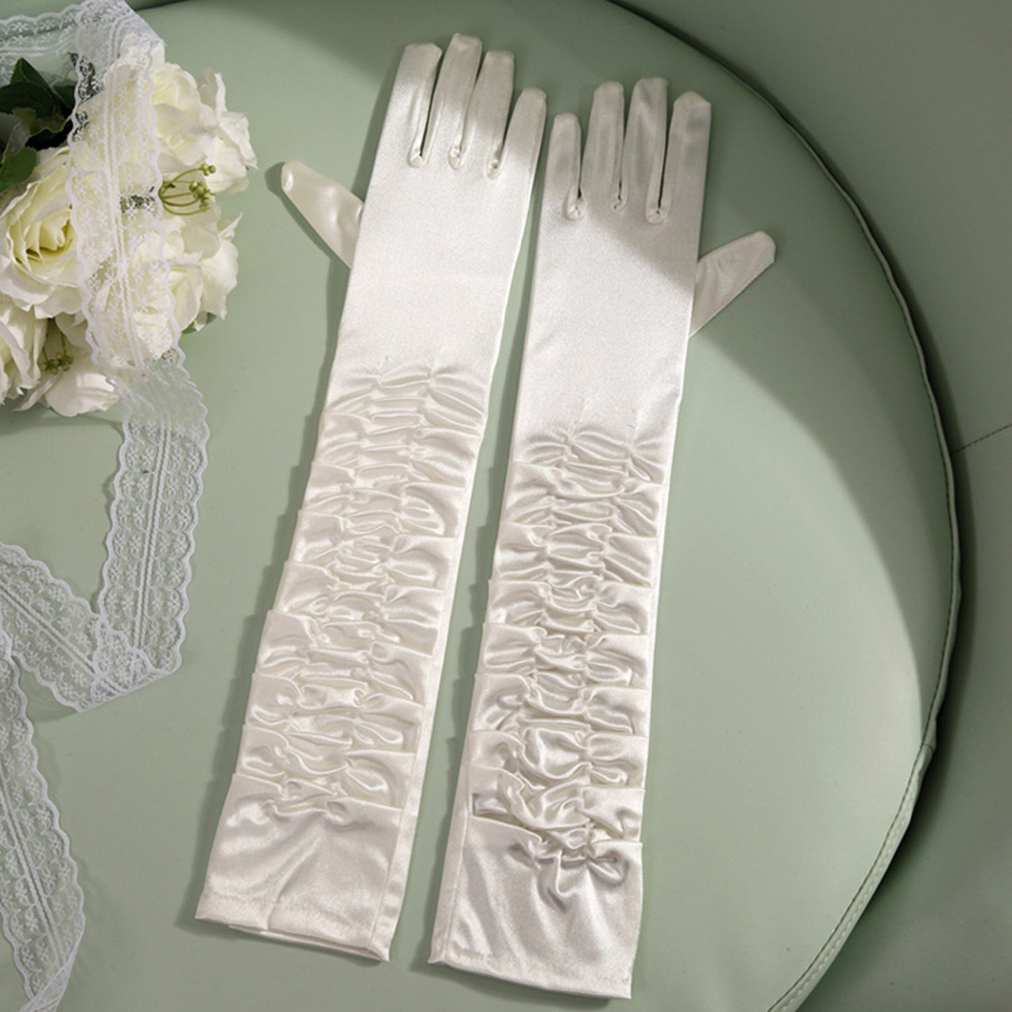 Satin Solid Color Folds Elbow Gloves - Quaworth