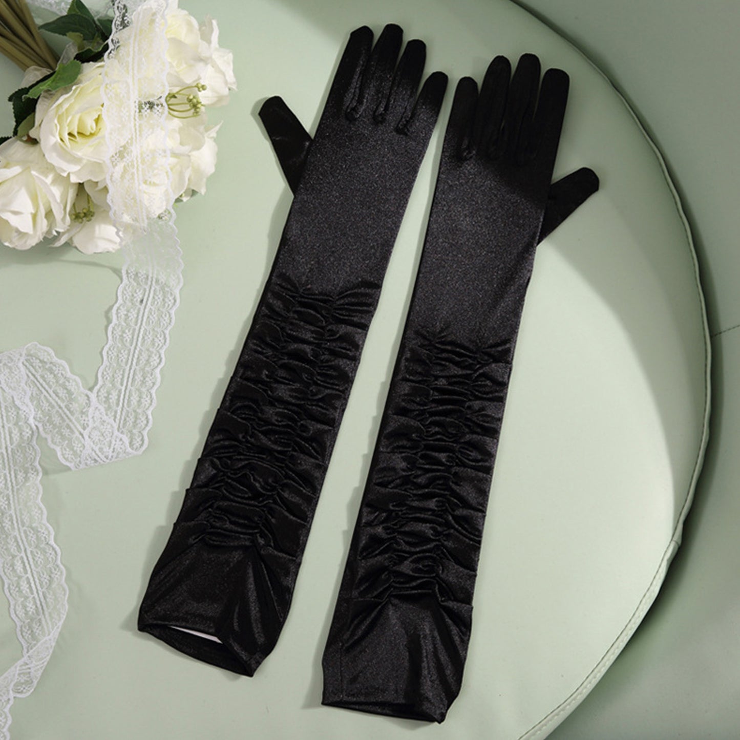Satin Solid Color Folds Elbow Gloves - Quaworth