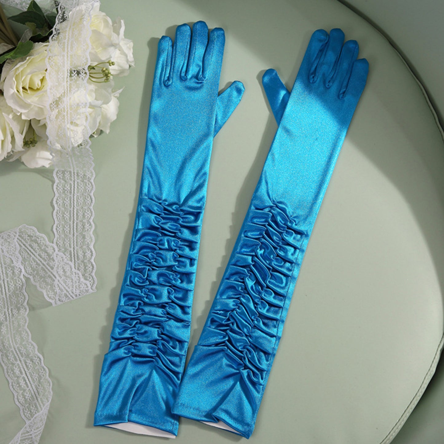 Satin Solid Color Folds Elbow Gloves - Quaworth