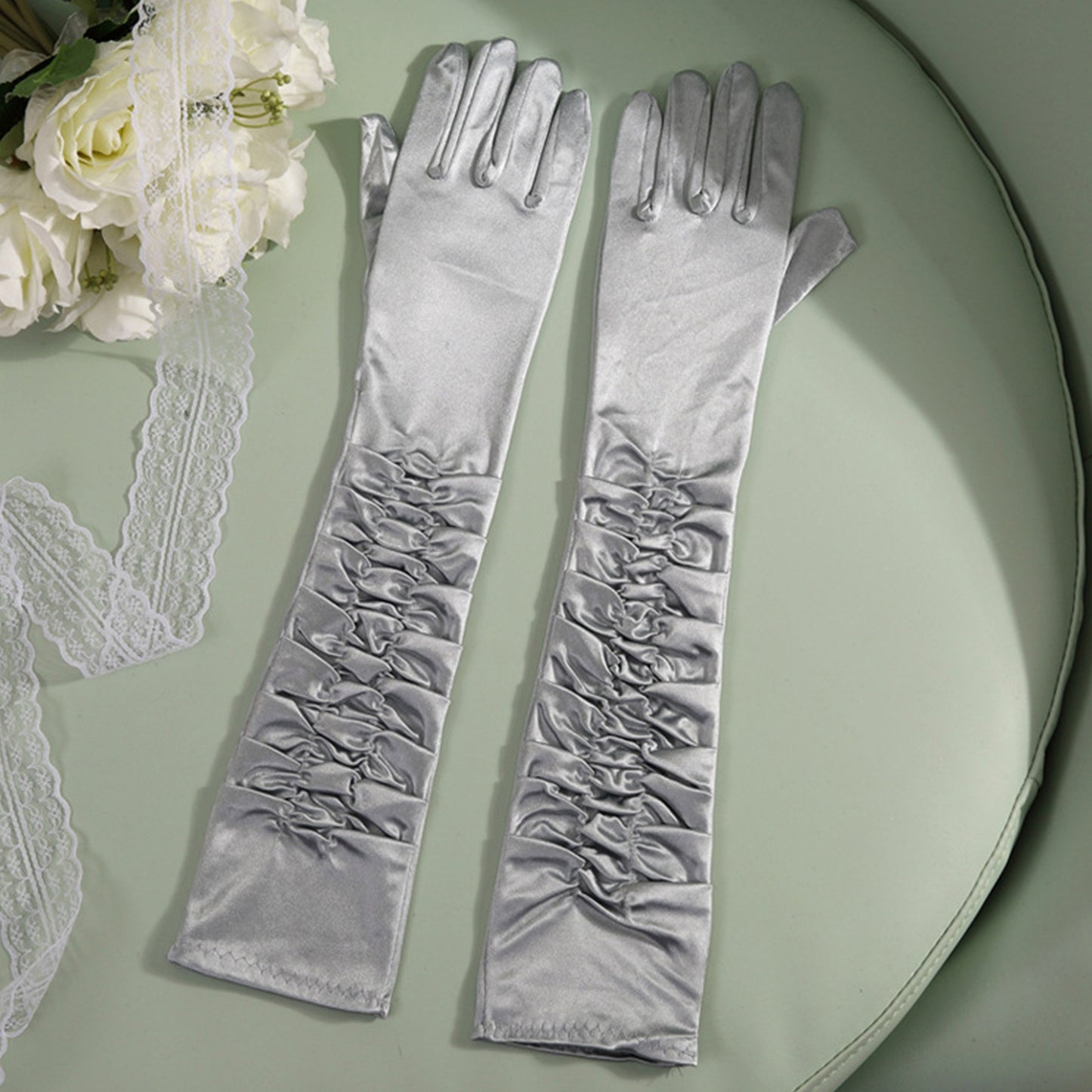 Satin Solid Color Folds Elbow Gloves - Quaworth