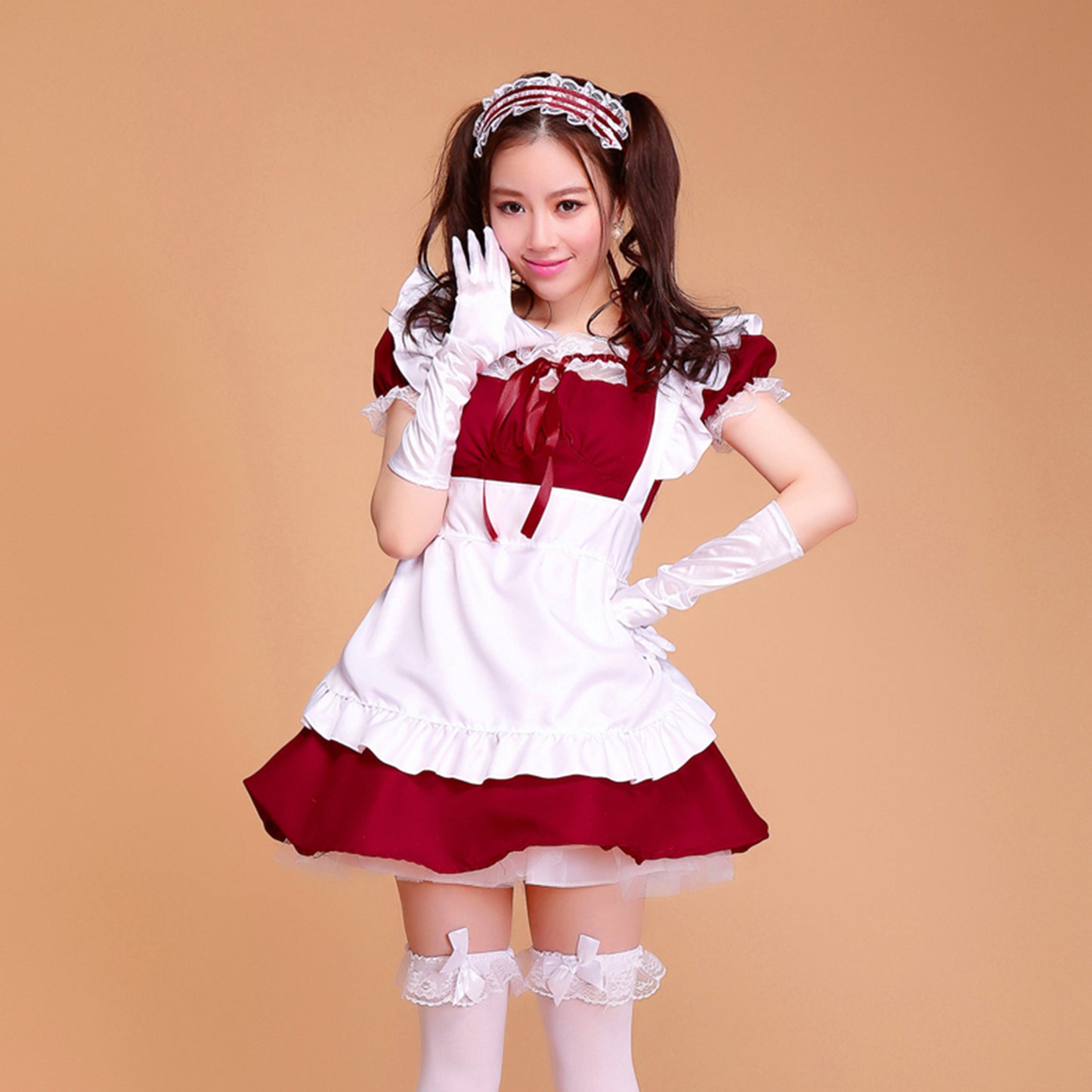 Puff Sleeve Collarless Ribbon Apron Maid Dress - Quaworth