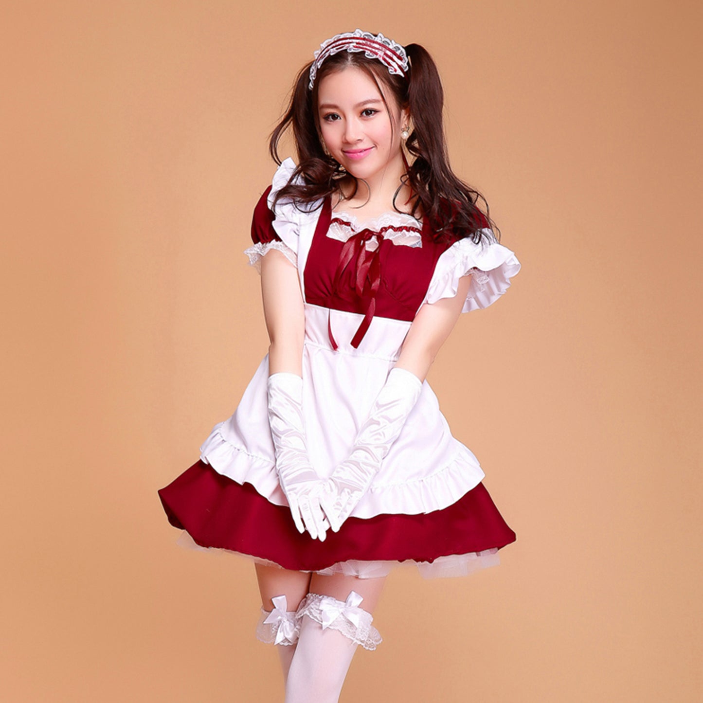 Puff Sleeve Collarless Ribbon Apron Maid Dress - Quaworth