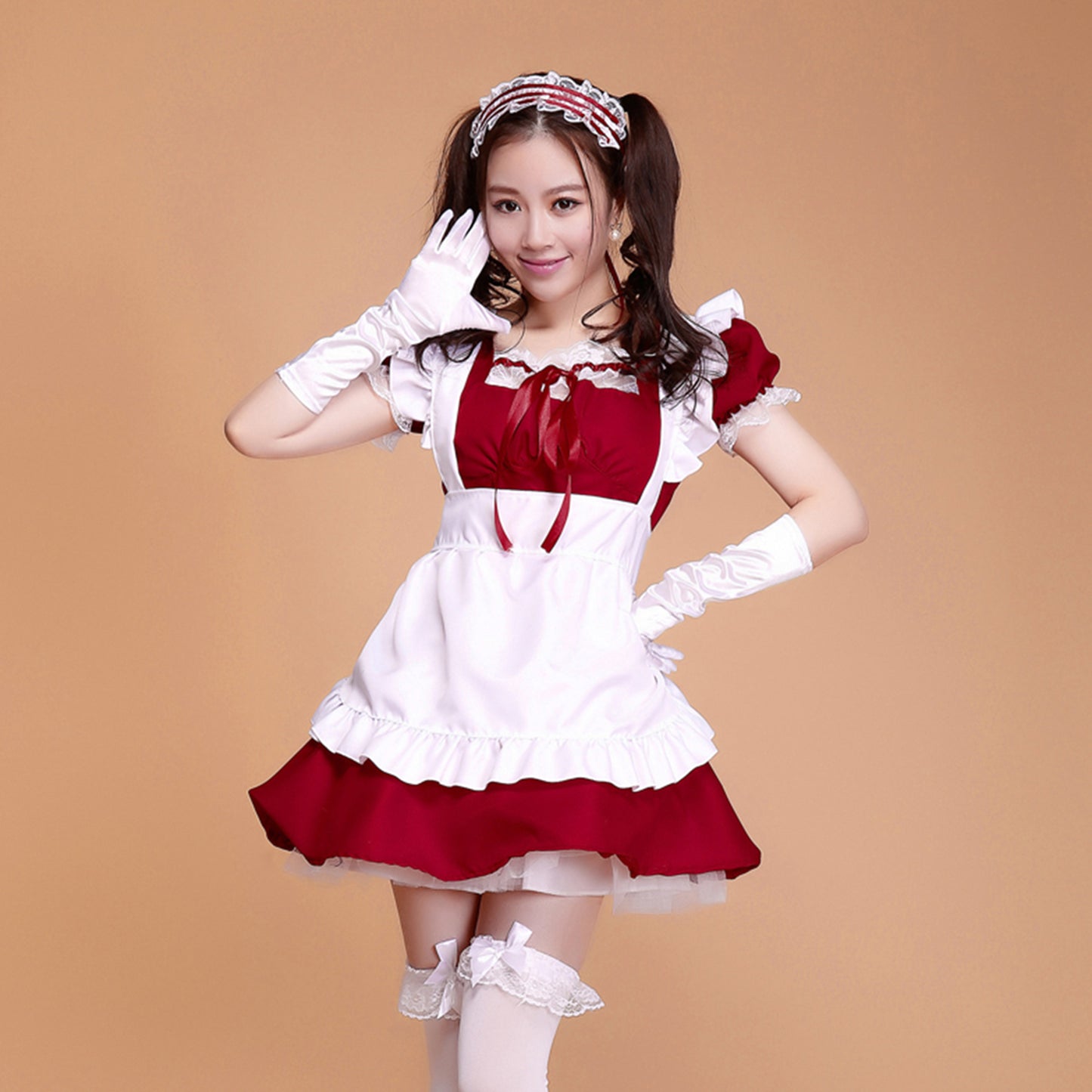 Puff Sleeve Collarless Ribbon Apron Maid Dress - Quaworth