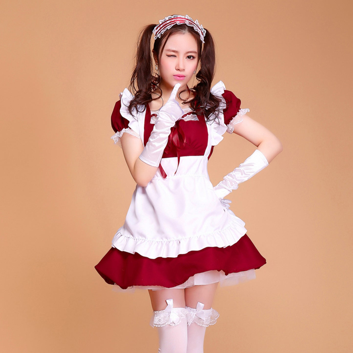 Puff Sleeve Collarless Ribbon Apron Maid Dress - Quaworth