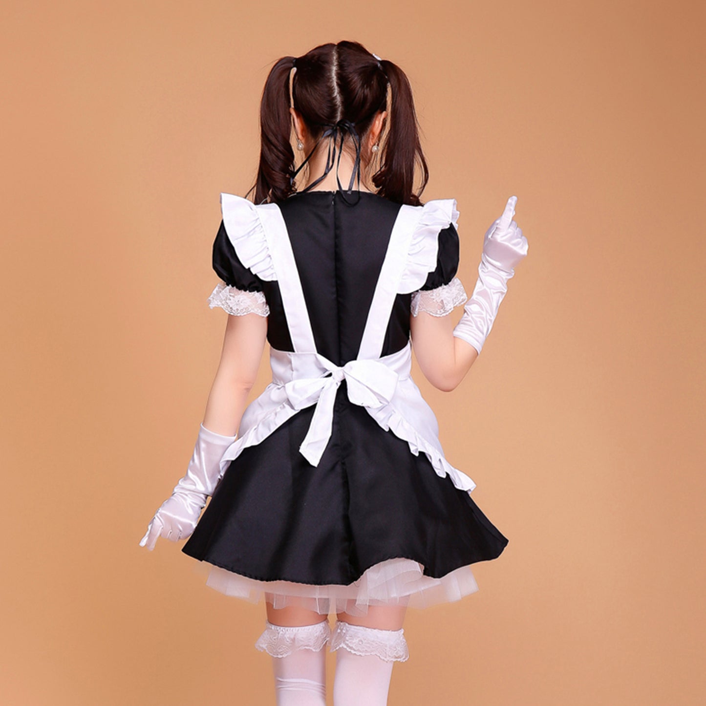 Puff Sleeve Collarless Ribbon Apron Maid Dress - Quaworth