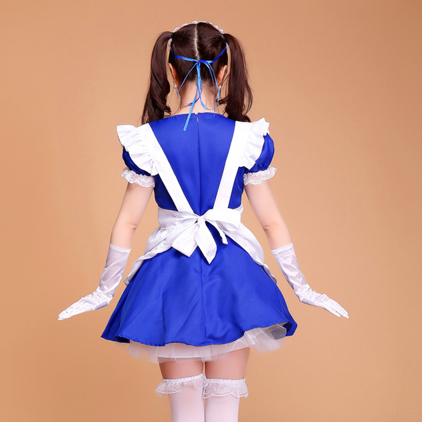 Puff Sleeve Collarless Ribbon Apron Maid Dress - Quaworth