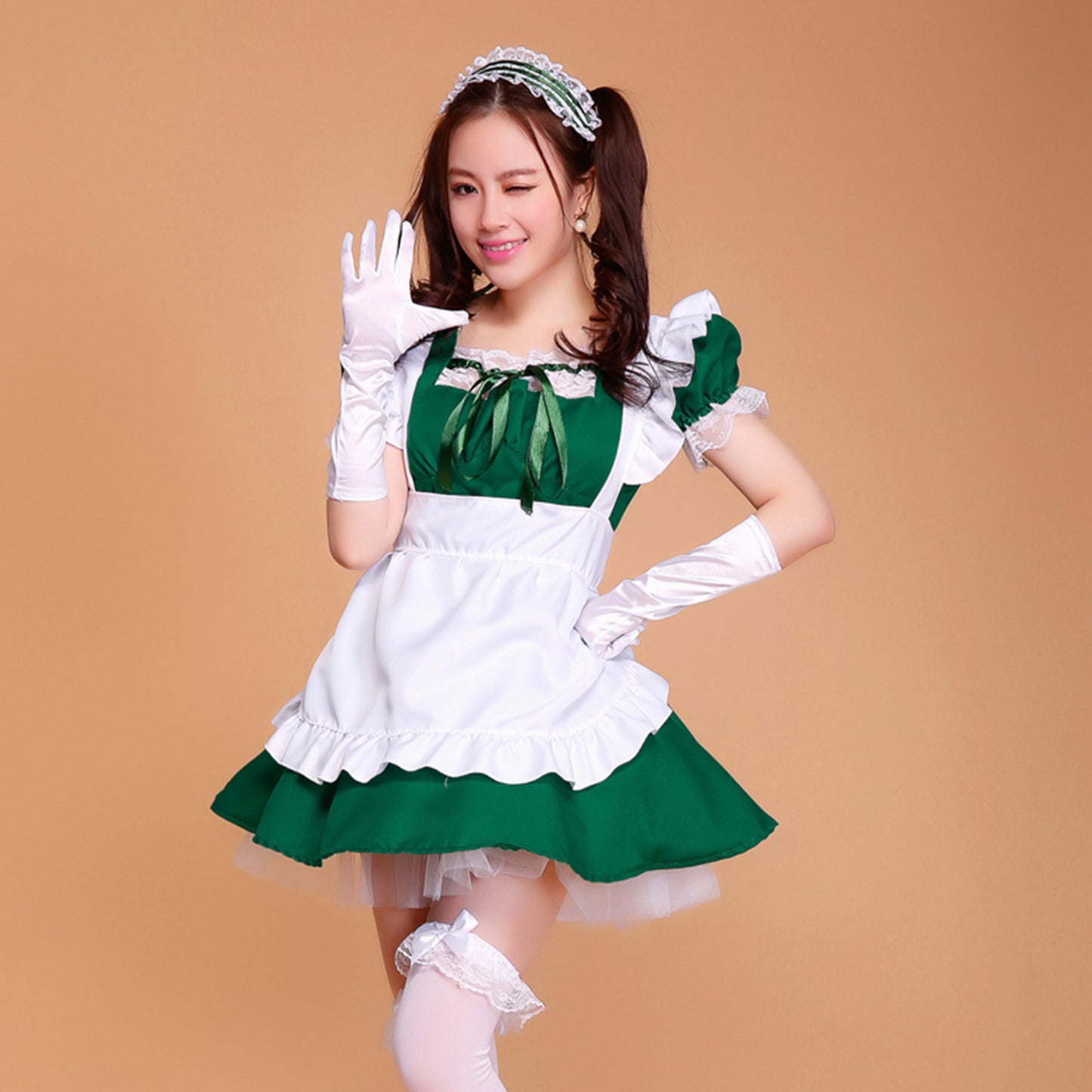 Puff Sleeve Collarless Ribbon Apron Maid Dress - Quaworth