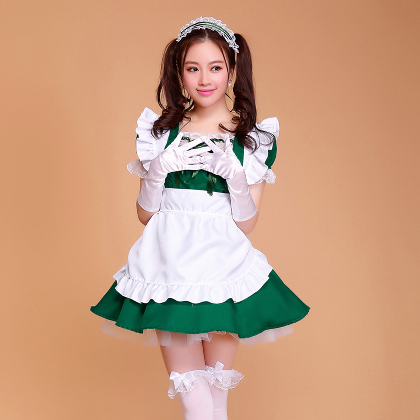 Puff Sleeve Collarless Ribbon Apron Maid Dress - Quaworth