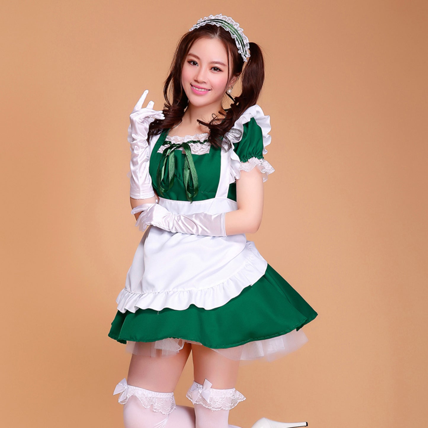 Puff Sleeve Collarless Ribbon Apron Maid Dress - Quaworth