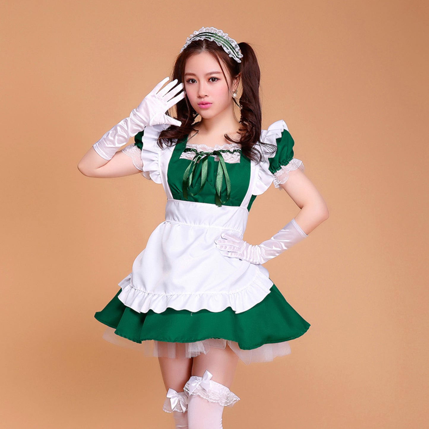 Puff Sleeve Collarless Ribbon Apron Maid Dress - Quaworth