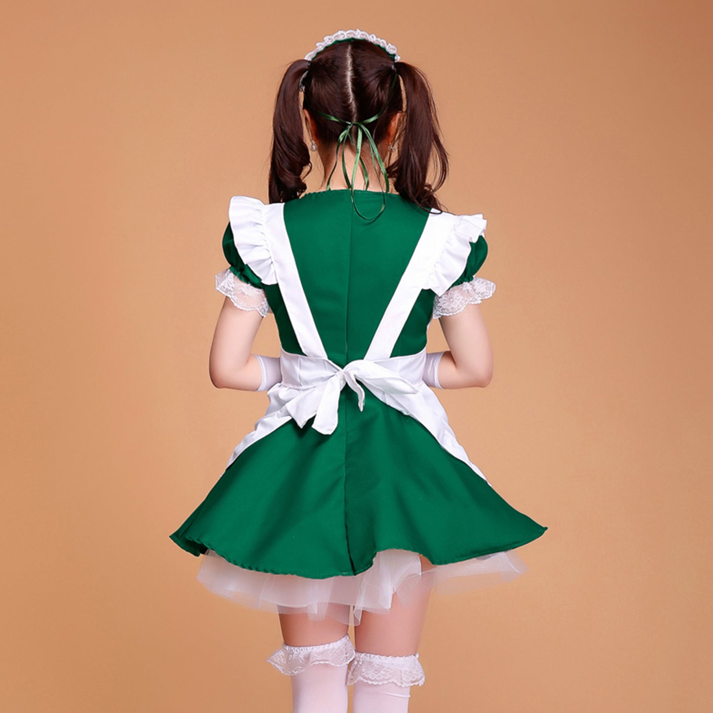 Puff Sleeve Collarless Ribbon Apron Maid Dress - Quaworth