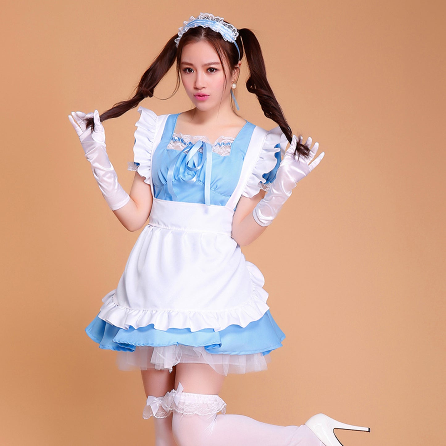 Puff Sleeve Collarless Ribbon Apron Maid Dress - Quaworth