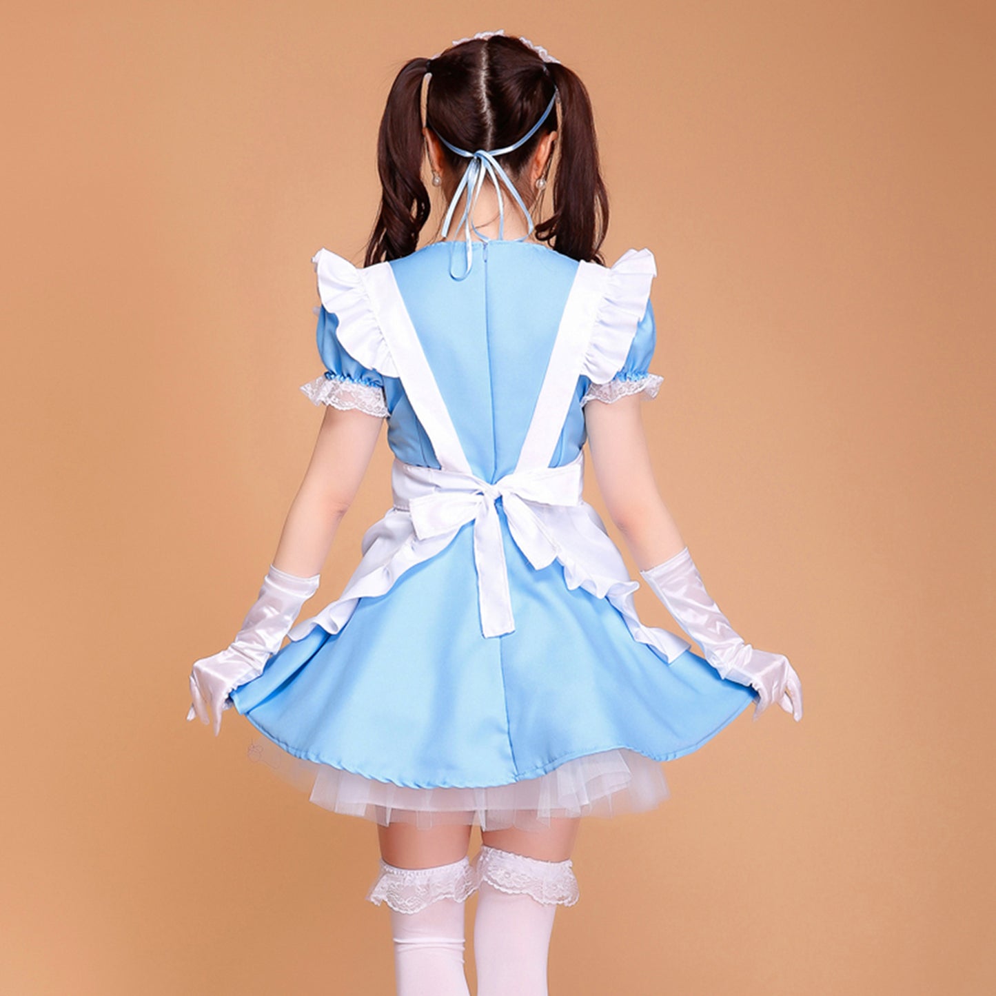 Puff Sleeve Collarless Ribbon Apron Maid Dress - Quaworth