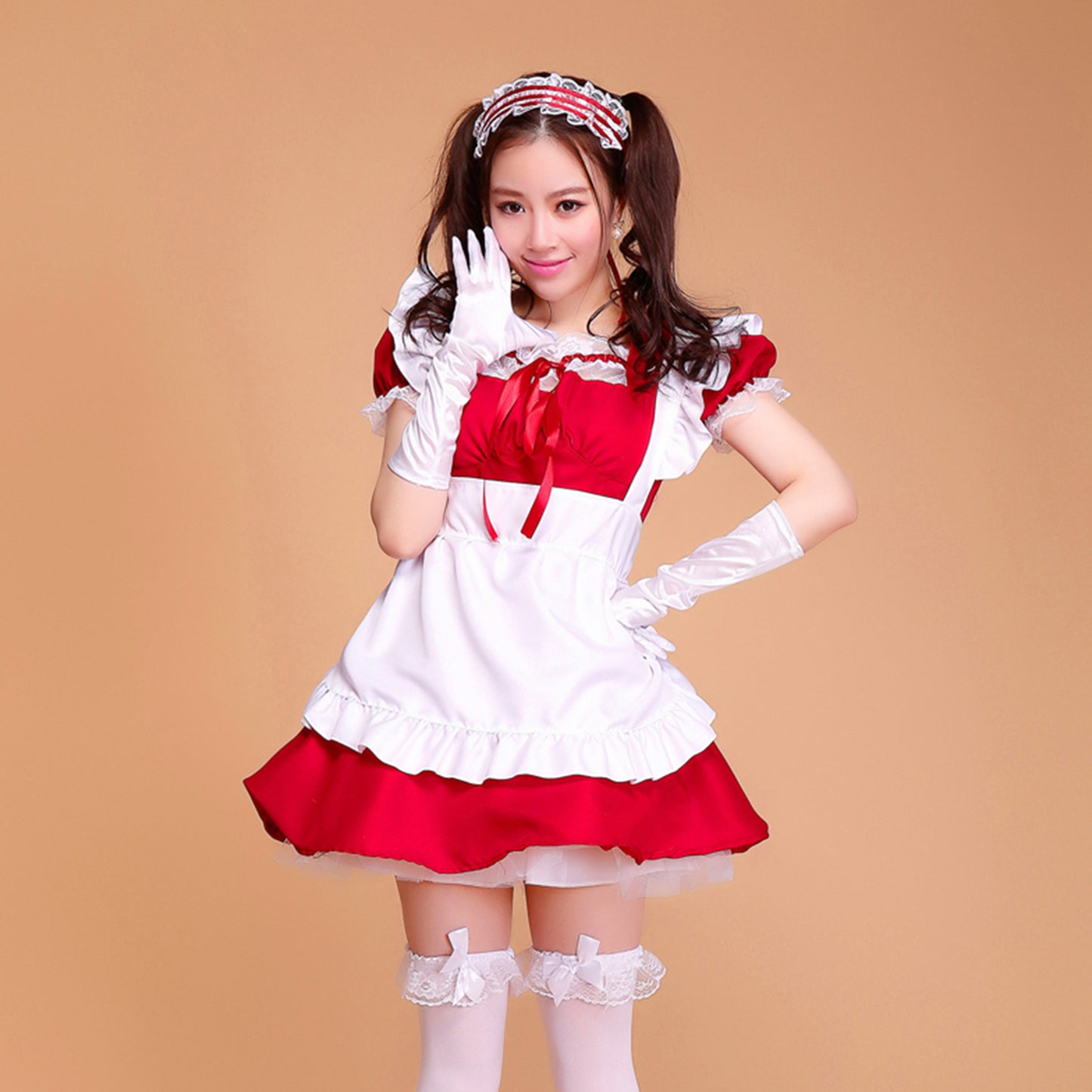Puff Sleeve Collarless Ribbon Apron Maid Dress - Quaworth