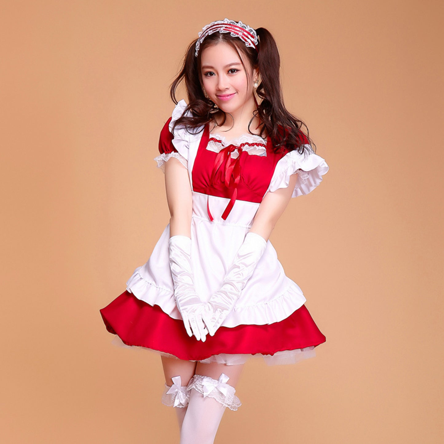 Puff Sleeve Collarless Ribbon Apron Maid Dress - Quaworth