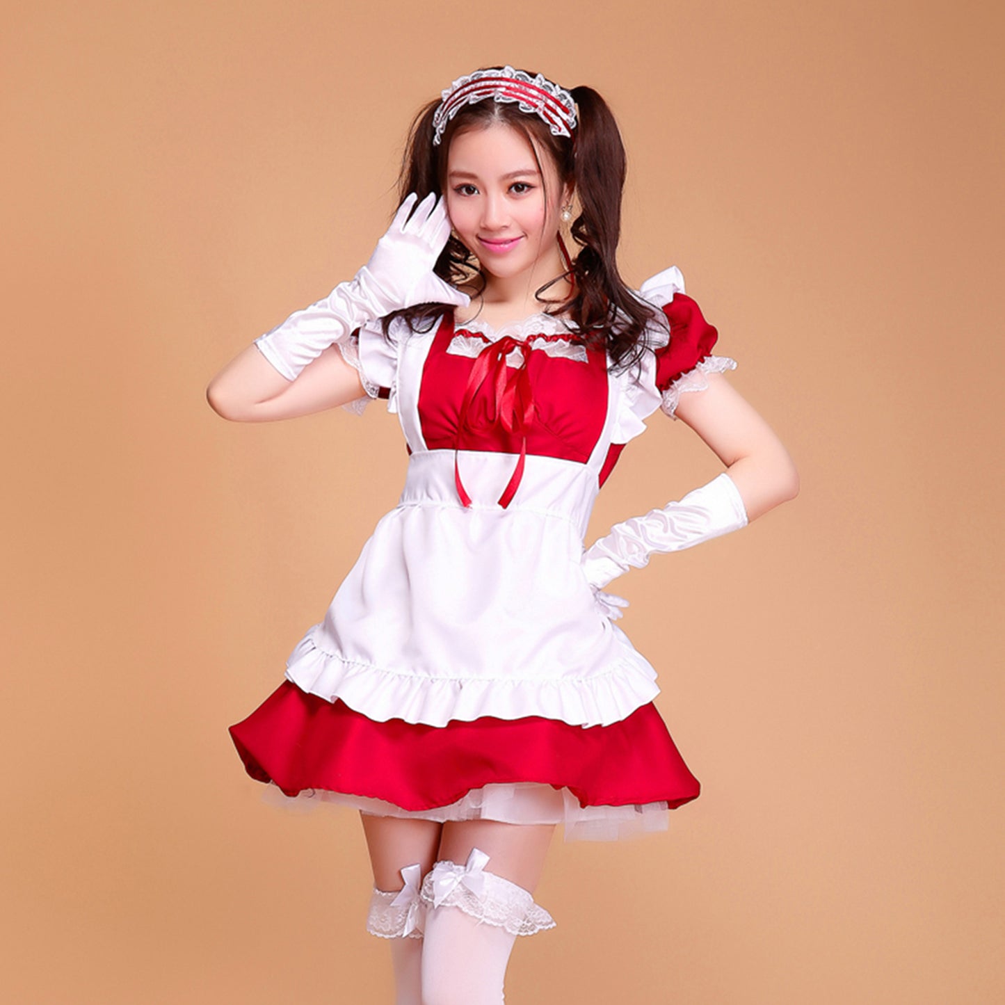 Puff Sleeve Collarless Ribbon Apron Maid Dress - Quaworth