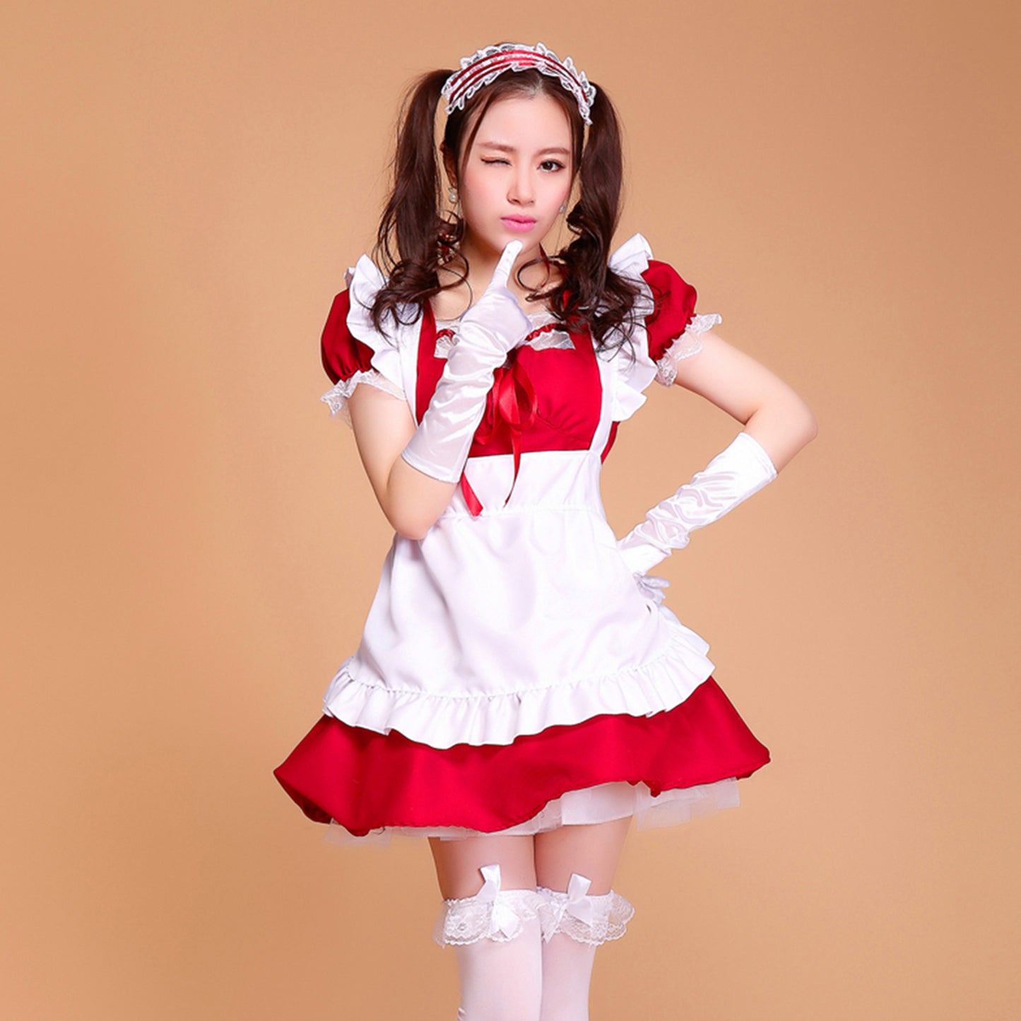 Puff Sleeve Collarless Ribbon Apron Maid Dress - Quaworth