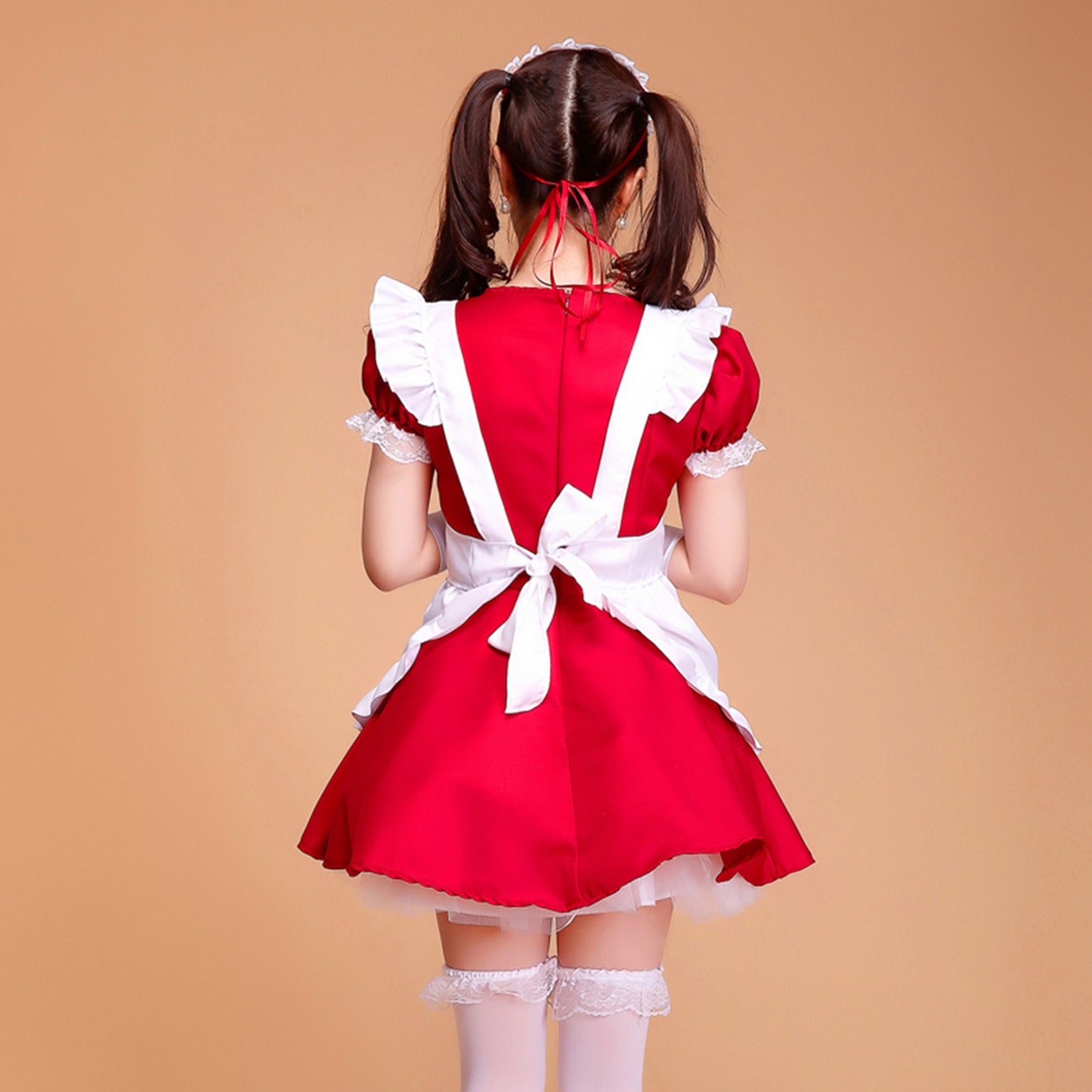 Puff Sleeve Collarless Ribbon Apron Maid Dress - Quaworth