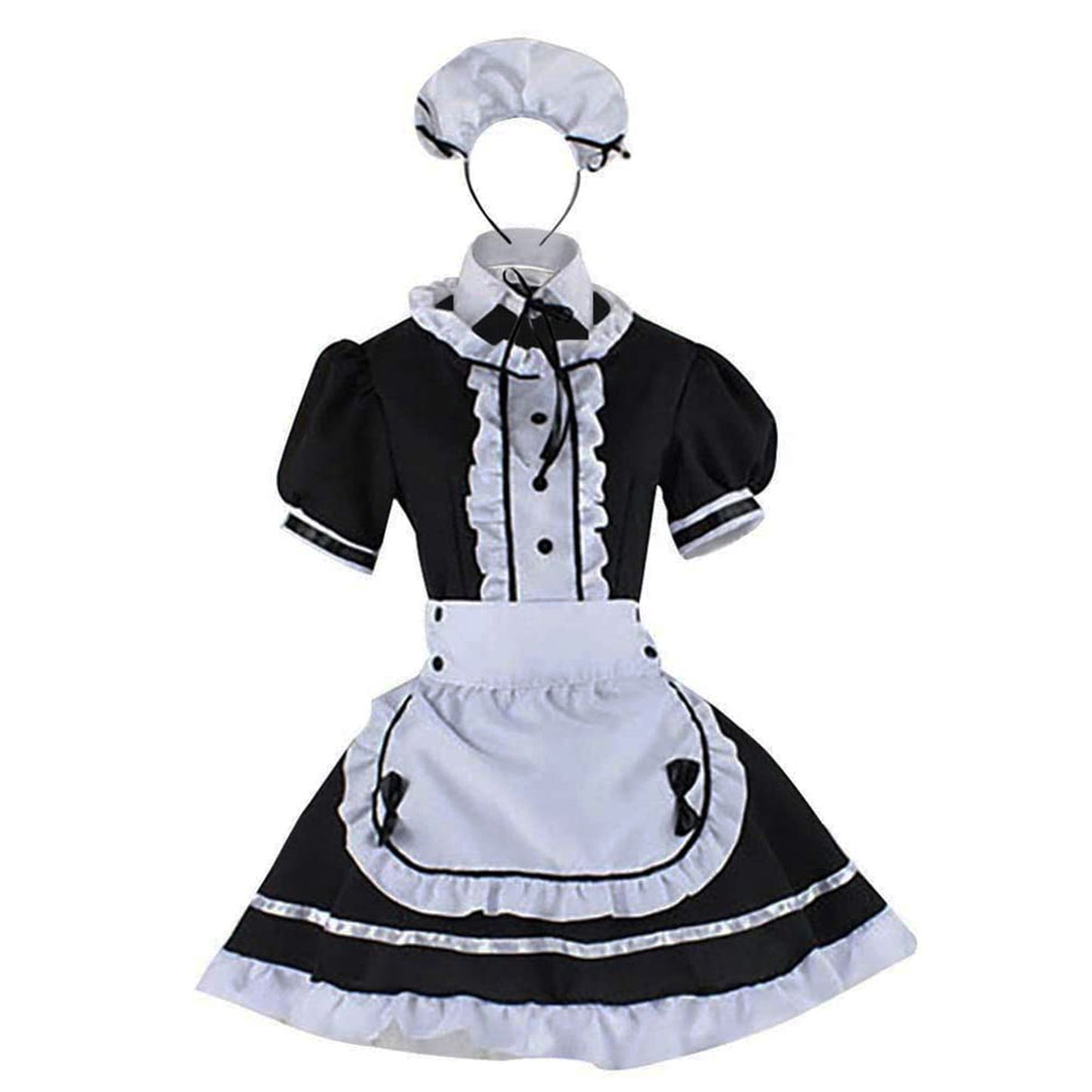 Puff Sleeve Button Bow Apron Maid Dress - Quaworth