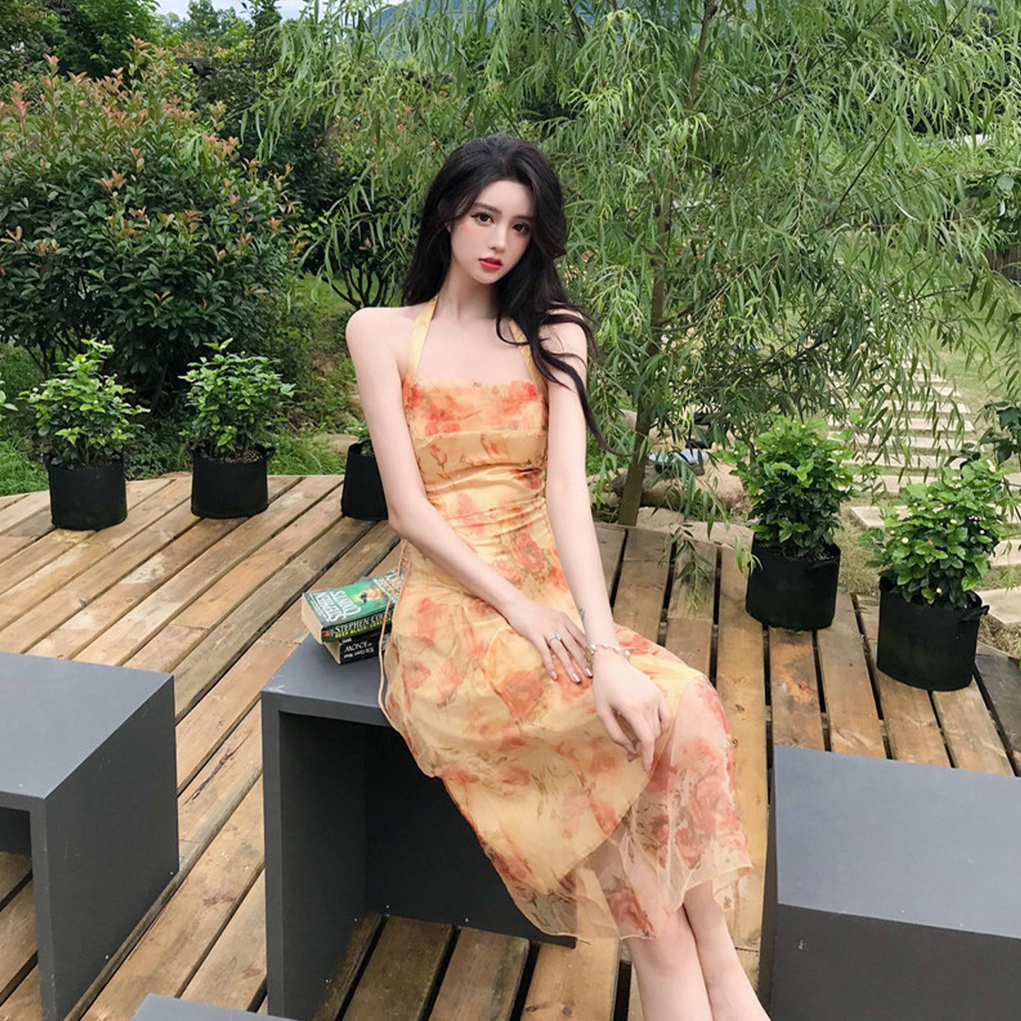 Floral Print Backless Chiffon Midi Dress - Quaworth