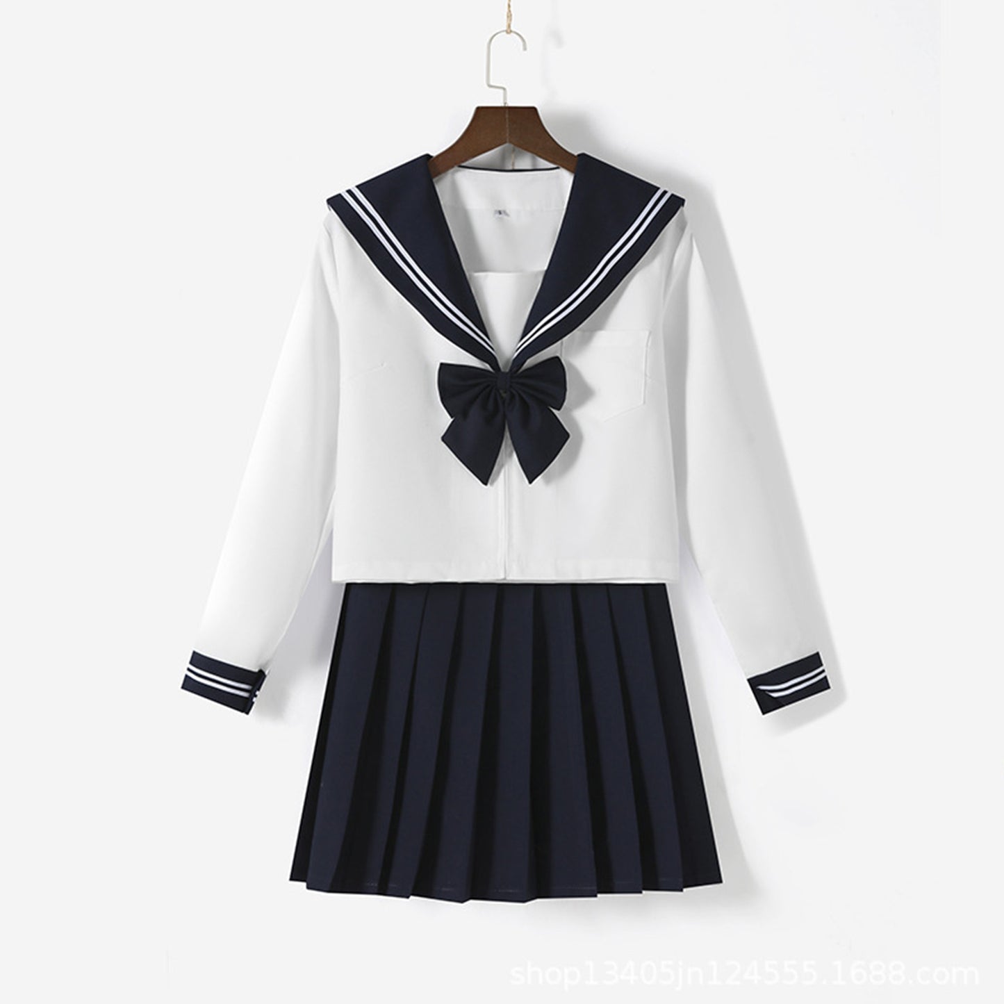 White Navy Broad Collar Two Line Square Flap Cravat Bow Sailor School Uniform - Quaworth