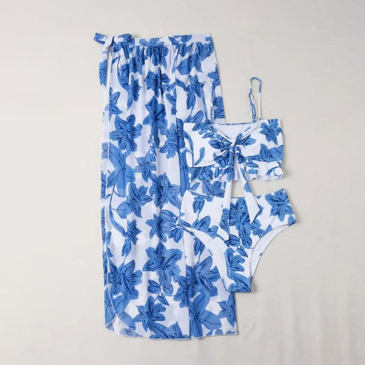 Floral Bow Knot High Rise Three Piece Bikini Swimsuit Set - Quaworth
