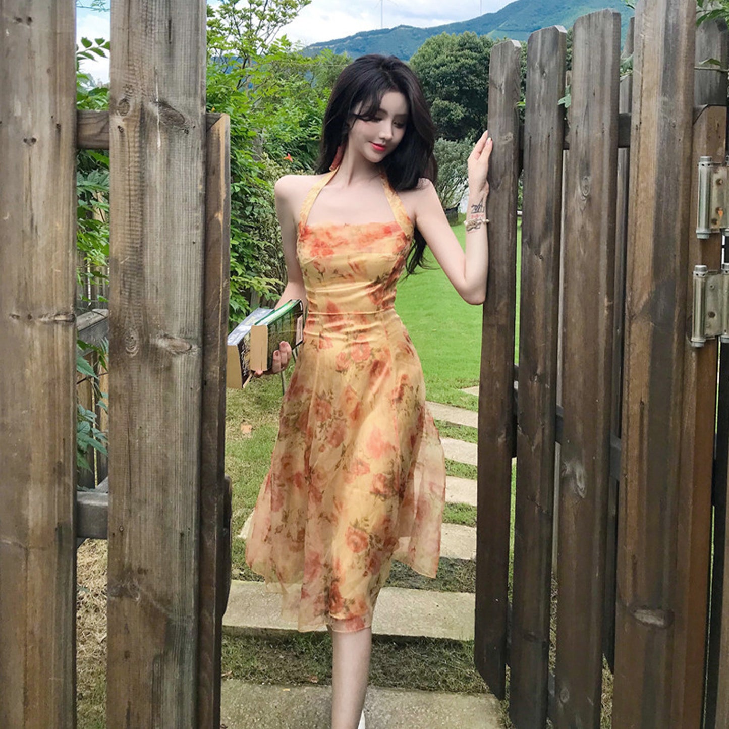Floral Print Backless Chiffon Midi Dress - Quaworth