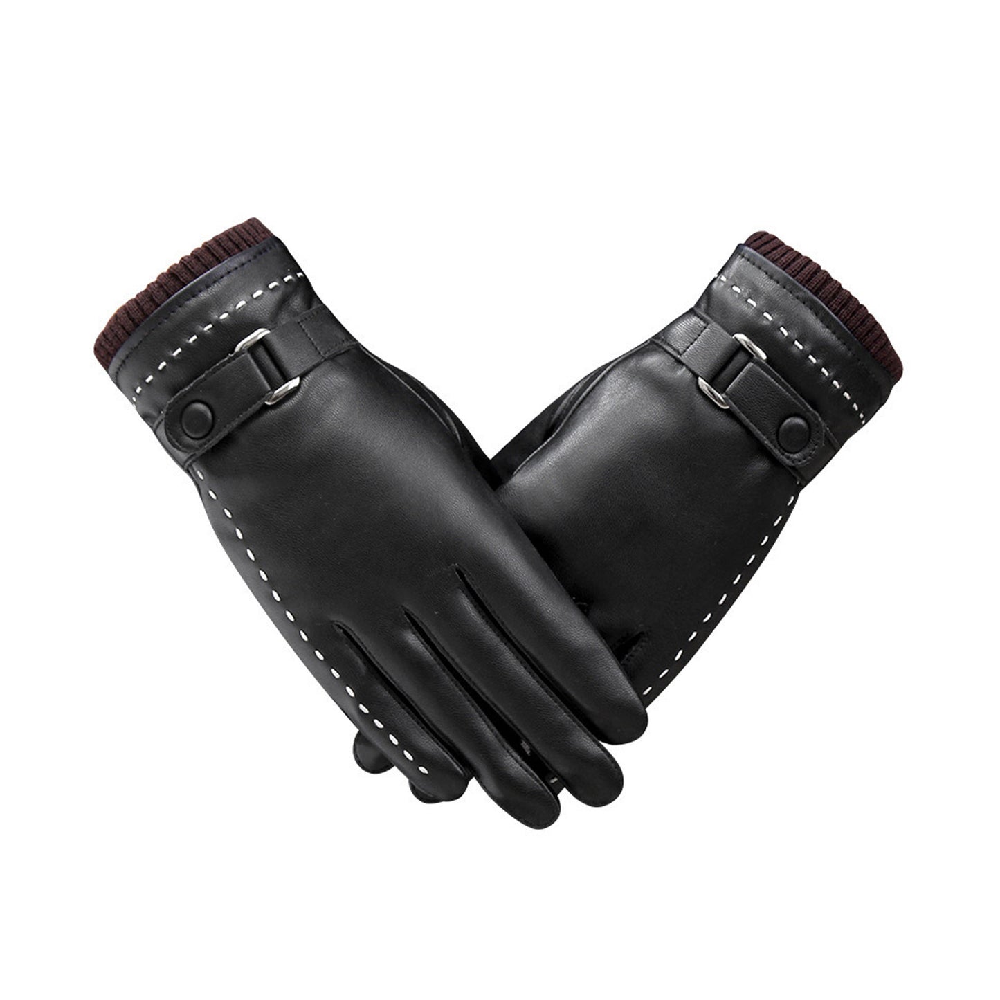 White Seam Detail Button Thermal Vegan Leather Touch Screen Wrist Gloves - Quaworth