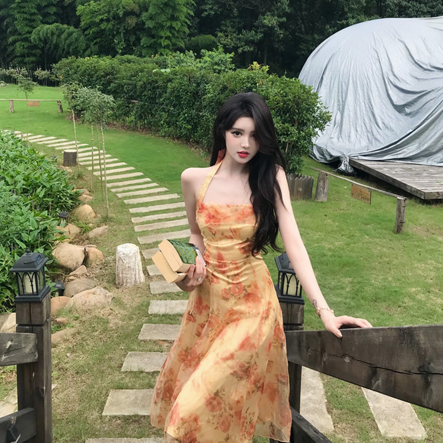 Floral Print Backless Chiffon Midi Dress - Quaworth