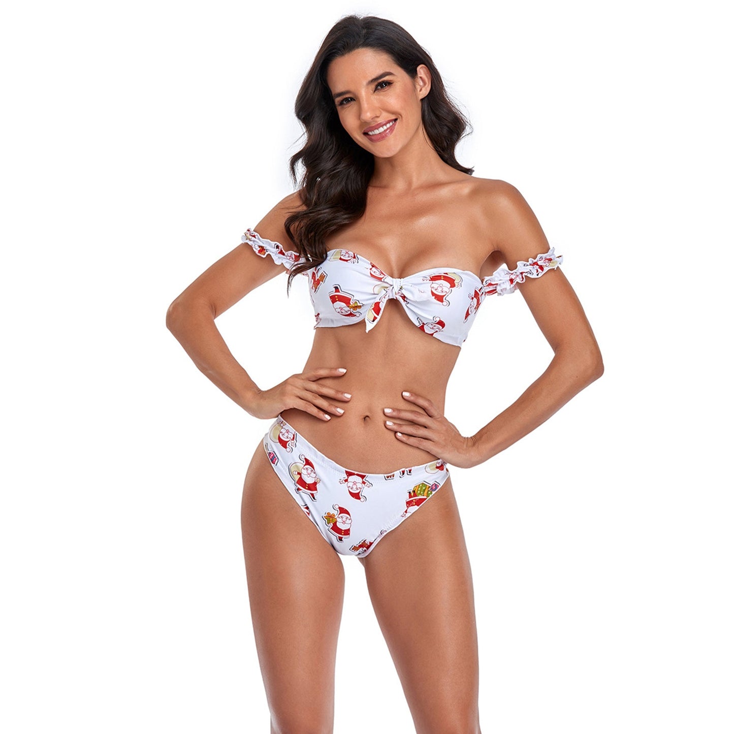 Santa Print Ruffle Sleeve Bowknot Spilt Triangle Bikini Swimsuit Set - Quaworth