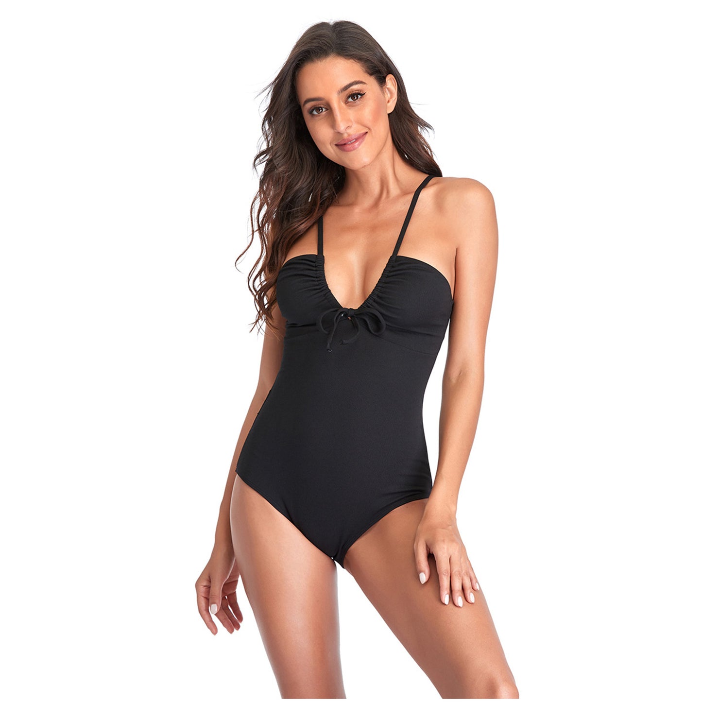 Solid Color Bow Narrow Shoulder Band One Piece Swimsuit - Quaworth