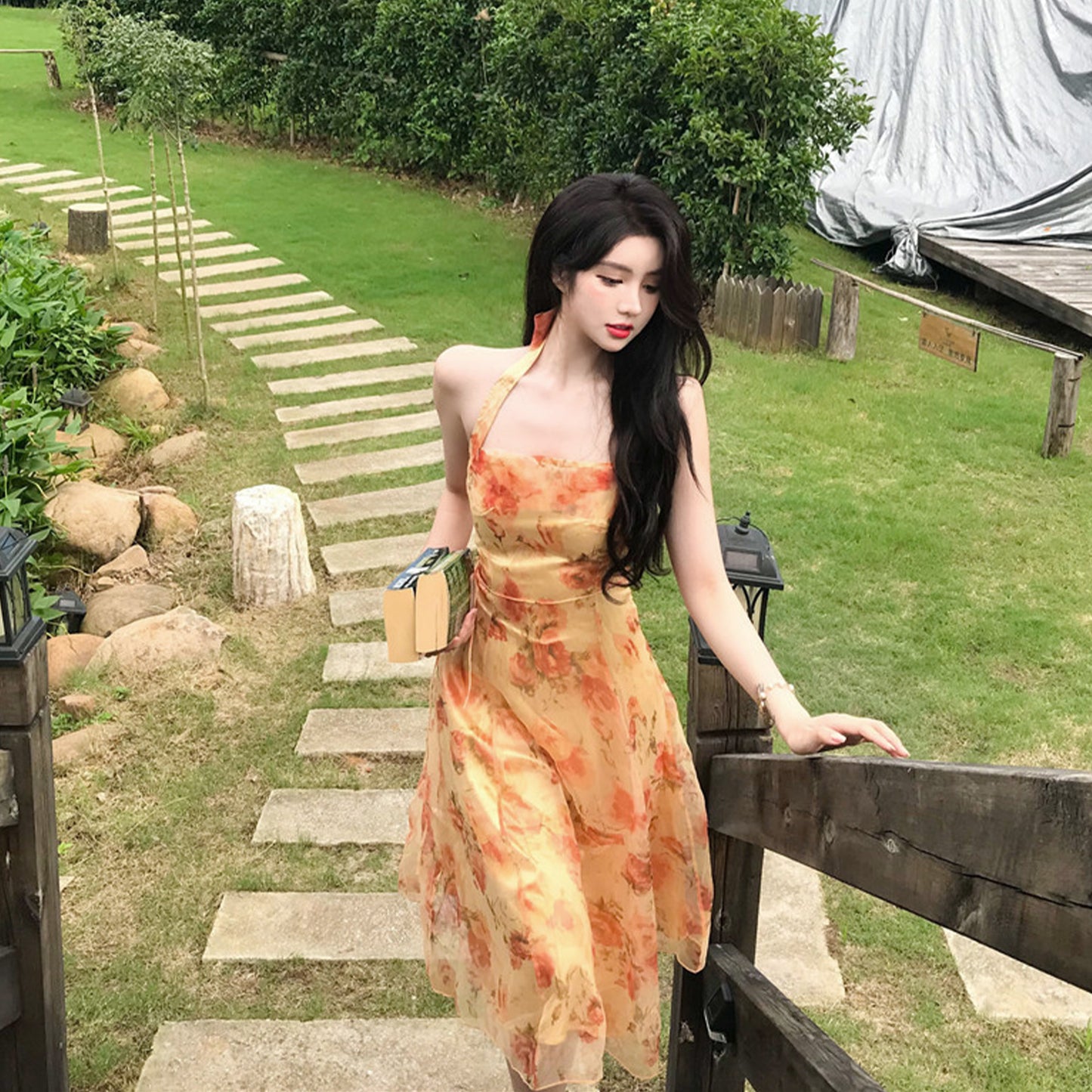Floral Print Backless Chiffon Midi Dress - Quaworth