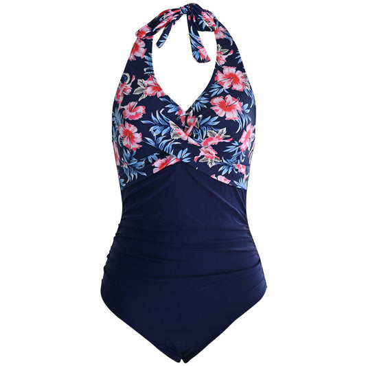Floral Print V Neck Cross Chest Backless One Piece Swimsuit - Quaworth