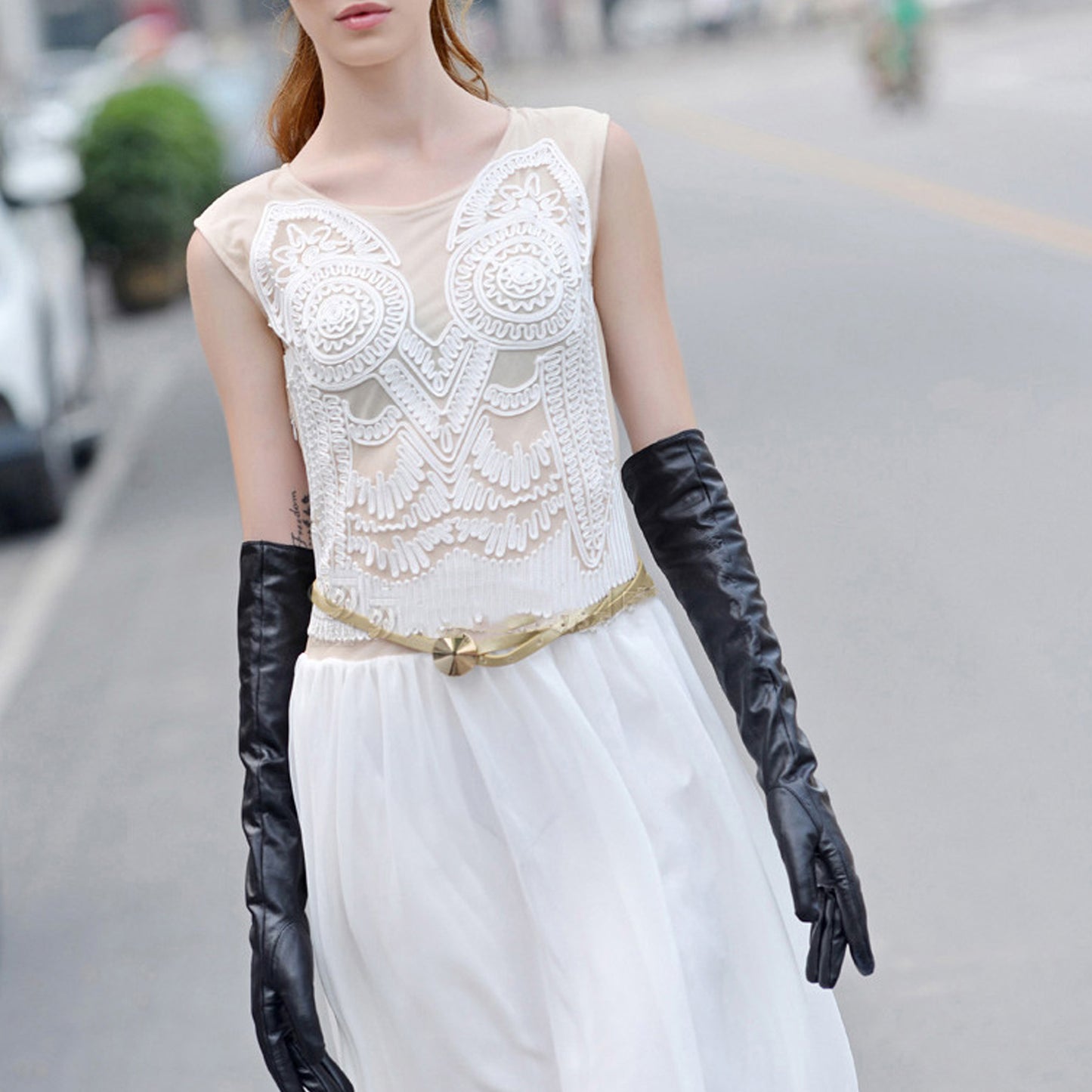 Solid Color Thermal Leather Velvet Lined Elbow Gloves - Quaworth