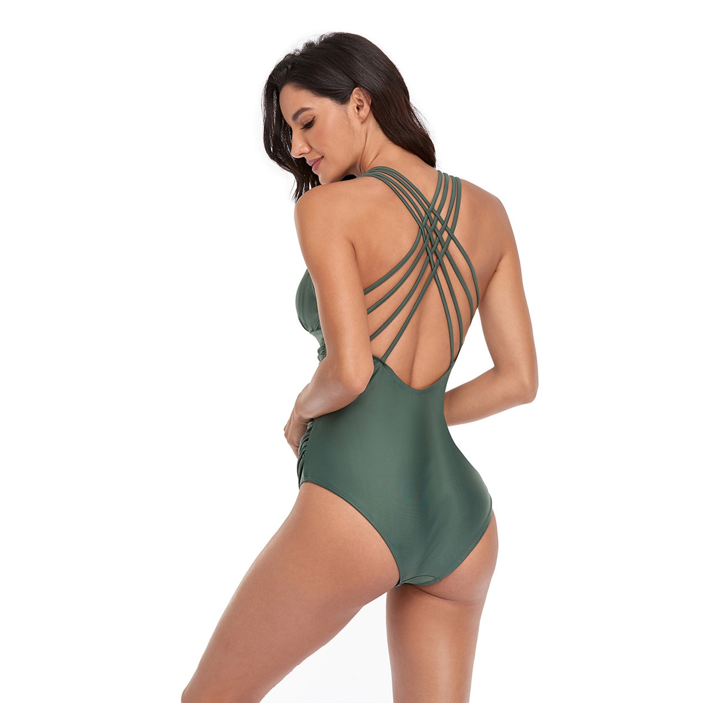 Solid Color V Neck Back Cross Pleated One Piece Swimsuit - Quaworth