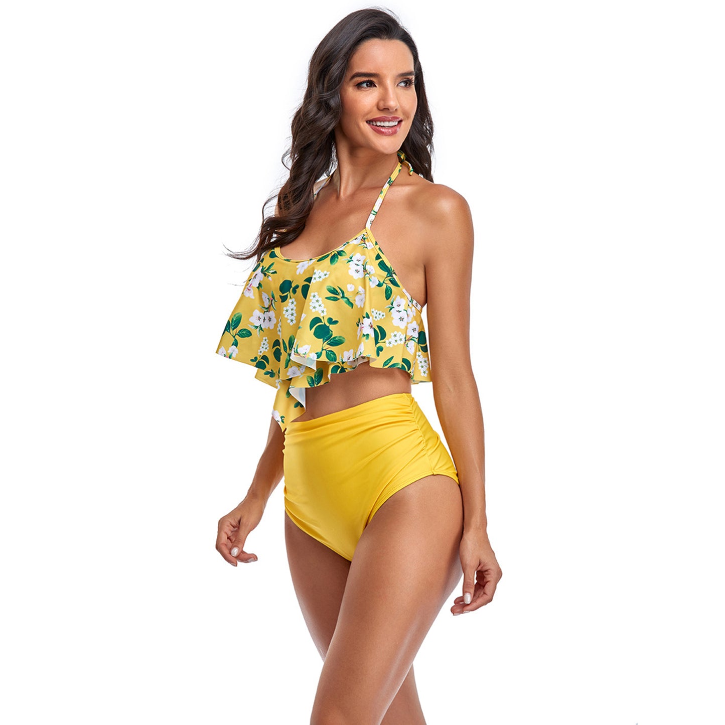 Floral Print Backless High Rise Two Piece Flounce Swimsuit Set - Quaworth