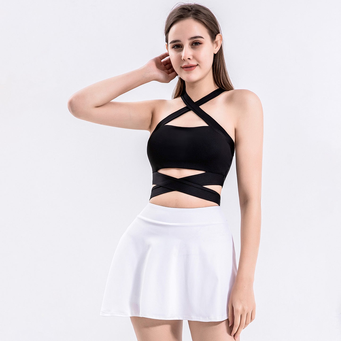 Solid Color Crisscross Padded Workout Tank Top - Quaworth